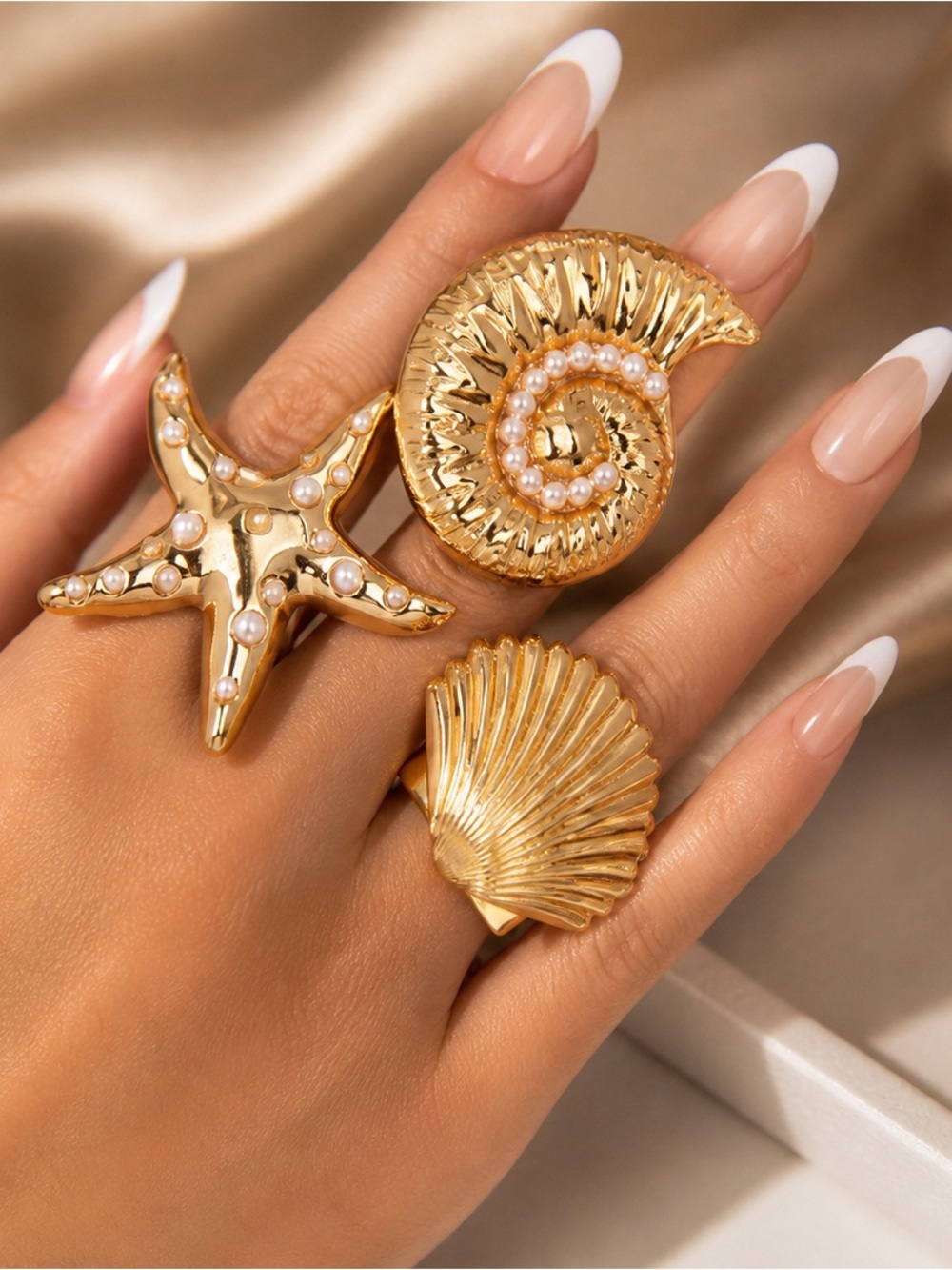 Set 3 Large Sea Shell Rings with Pearl Accents Adjustable OS